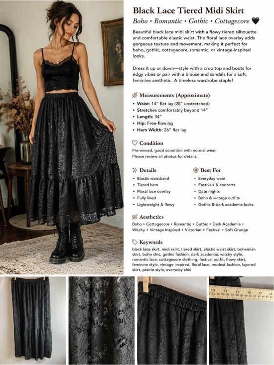 no brand Dresses & Skirts - Elegant Black Lace Midi Skirt with Tiered Hem